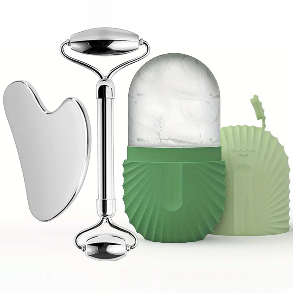 3-in-1 Ice Facial Roller & Gua Sha Set – Cooling Stainless Steel Roller + Ice Mold for Skin Tightening & Glow