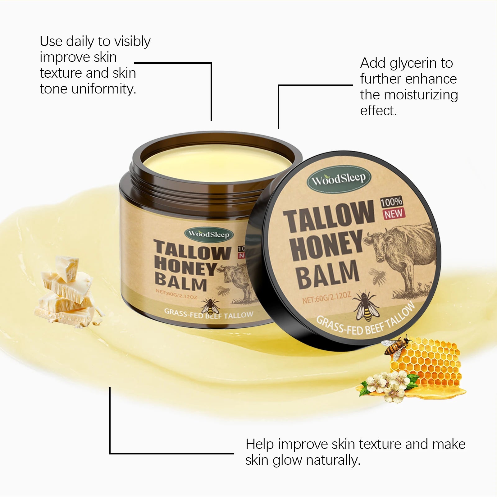 Organic Whipped Tallow & Honey Moisturizer – Grass-Fed, Fast-Absorbing Skincare for Healthy Glow