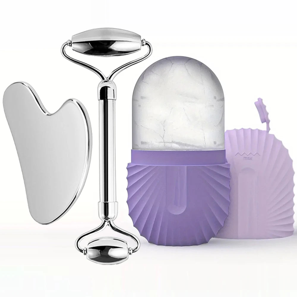 3-in-1 Ice Facial Roller & Gua Sha Set – Cooling Stainless Steel Roller + Ice Mold for Skin Tightening & Glow