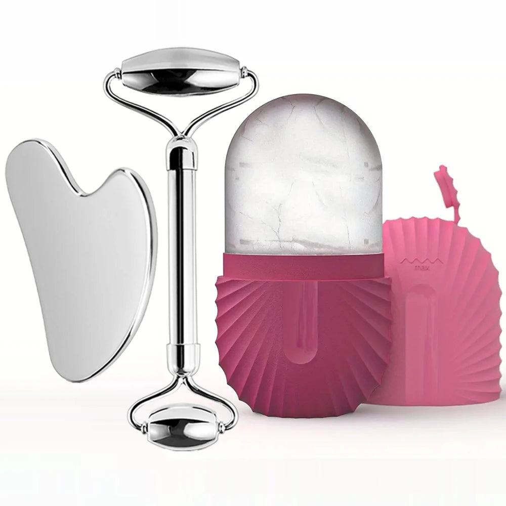 3-in-1 Ice Facial Roller & Gua Sha Set – Cooling Stainless Steel Roller + Ice Mold for Skin Tightening & Glow