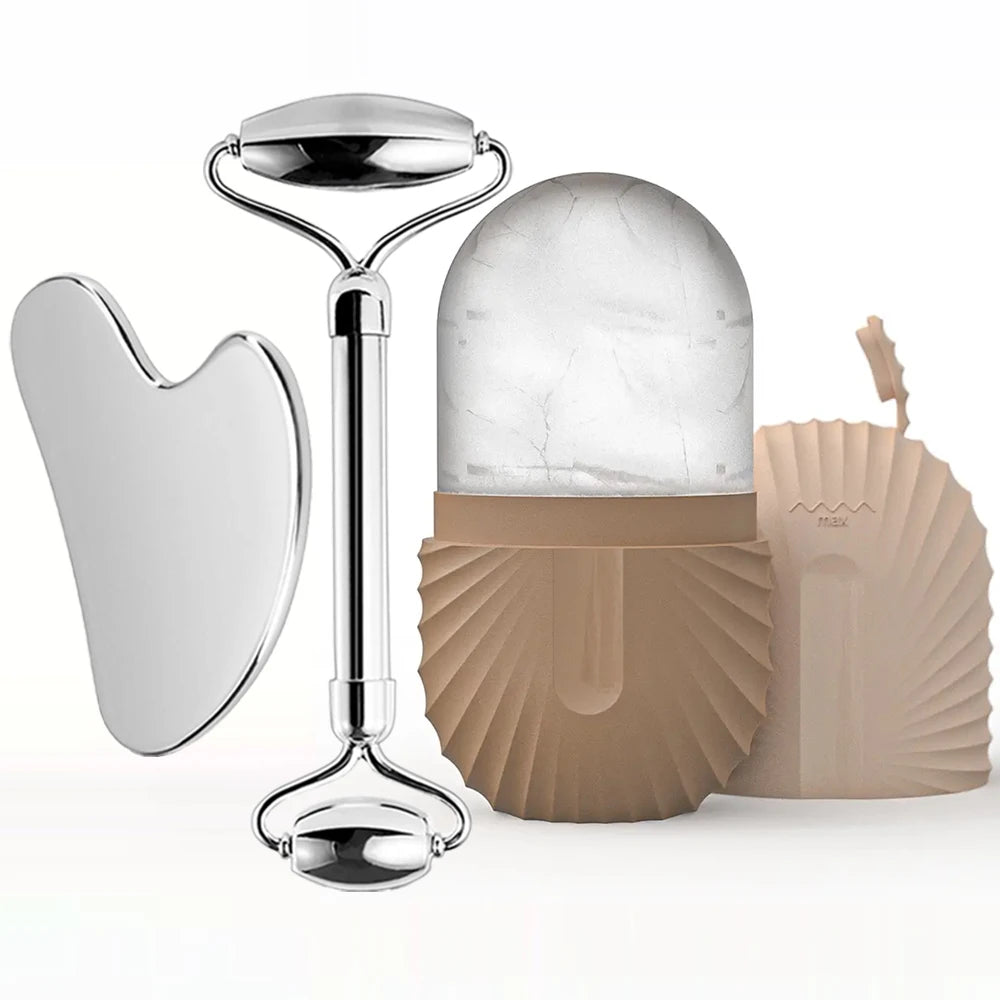 3-in-1 Ice Facial Roller & Gua Sha Set – Cooling Stainless Steel Roller + Ice Mold for Skin Tightening & Glow