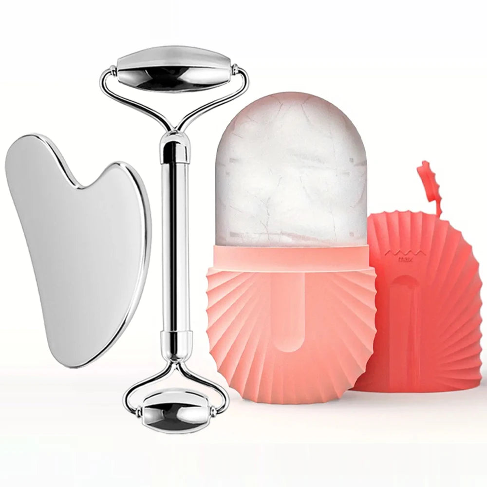 3-in-1 Ice Facial Roller & Gua Sha Set – Cooling Stainless Steel Roller + Ice Mold for Skin Tightening & Glow