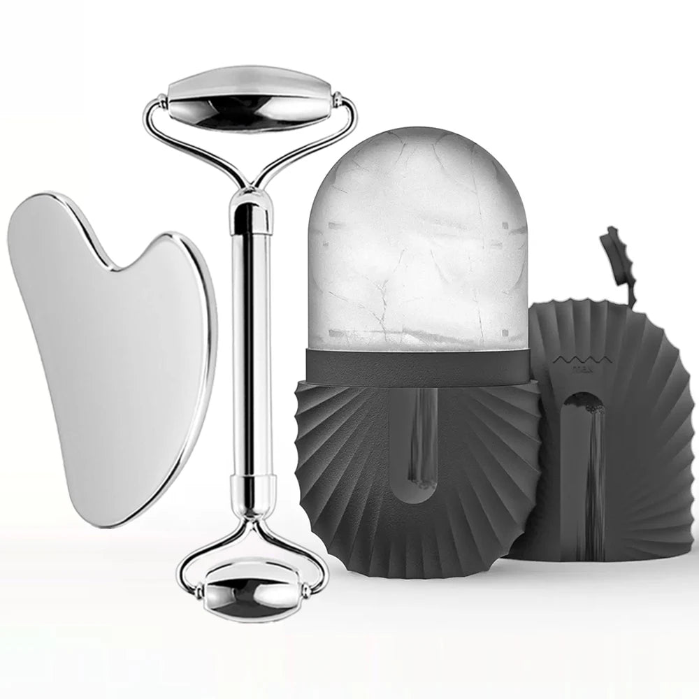 3-in-1 Ice Facial Roller & Gua Sha Set – Cooling Stainless Steel Roller + Ice Mold for Skin Tightening & Glow