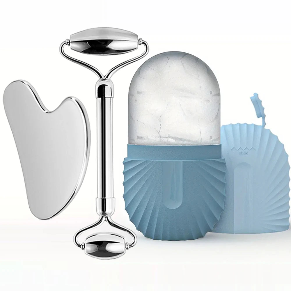 3-in-1 Ice Facial Roller & Gua Sha Set – Cooling Stainless Steel Roller + Ice Mold for Skin Tightening & Glow