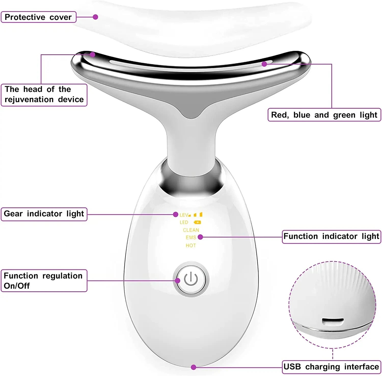 Skin Rejuvenation Device, 3-Color LED Facial and Neck Massager Machine